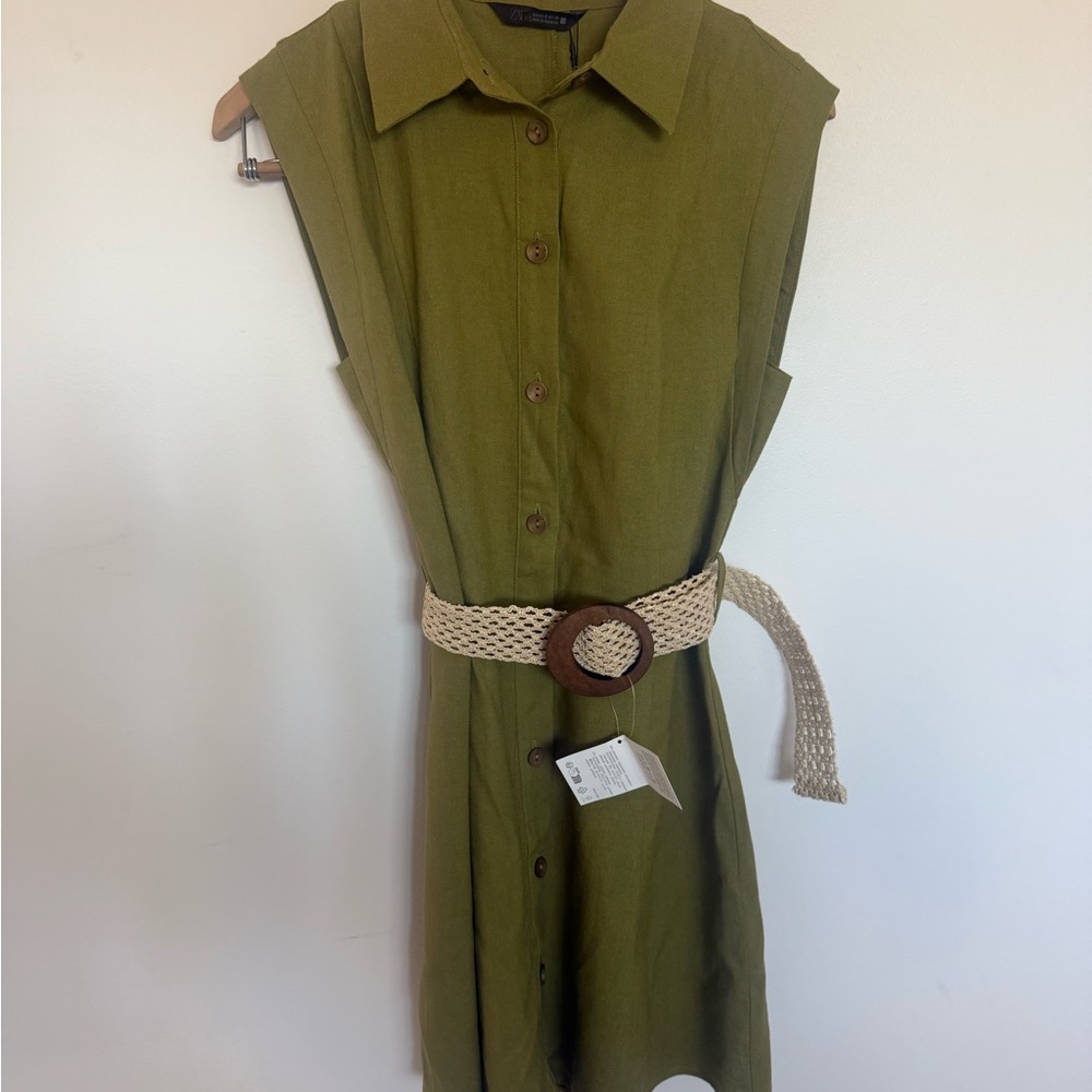 NWT Zara Sleeveless Olive Shirt Mini Dress with Woven Belt